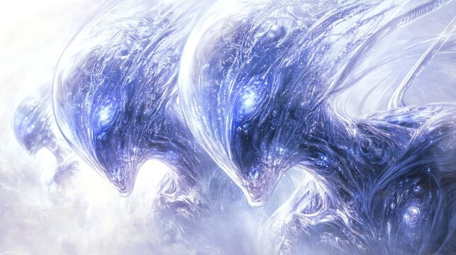 A surreal interpretation of extraterrestrial beings depicted as abstract forms with luminous surfaces and swirling patterns.