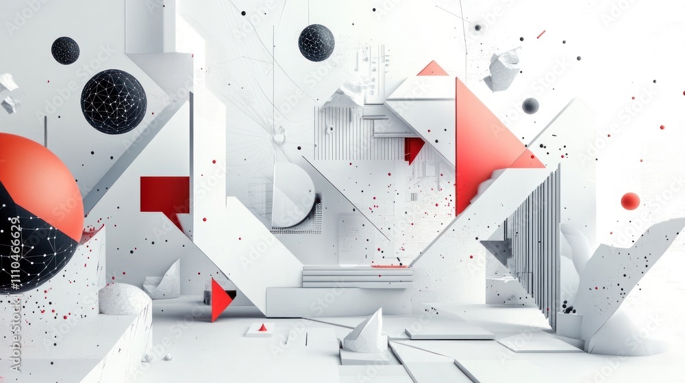 Poster geometry, featuring a blend of 3d shapes and abstract forms that represent quantum states.