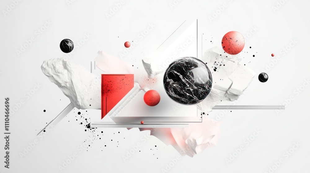Poster geometry, featuring a blend of 3d shapes and abstract forms that represent quantum states.
