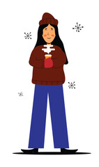 Happy Long Haired Girl in Winter Clothes Drinking Coffee. People and winter everyday activities vector art