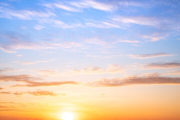 Sky, Sunset, Sunrise, like a bright golden and blue sky. The sunrise is decorated with clouds in various shapes, everning,Twilight, Large size, High definition landscape photo