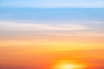 Sky, Sunset, Sunrise, like a bright golden and blue sky. The sunrise is decorated with clouds in various shapes, everning,Twilight, Large size, High definition landscape photo