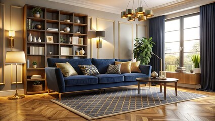 Cozy Living Room with Navy Blue Velvet Sofa, White and Gold Accents, Geometric Rug, and Warm Mustard Walls with Shelves of Books and Vases for Stylish Interior Design Inspiration