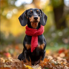 Playful dachshund wearing a small red scarf, sitting outdoors with autumn leaves scattered around