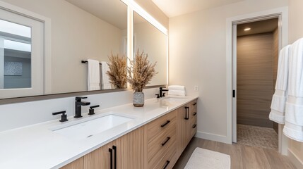 Modern bathroom, backlit mirror above vanity, dried flower decor