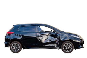 Car crash, Full body side view of black car get damaged by accident on the road. damaged cars after...