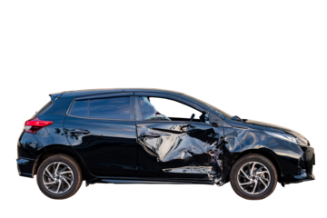 Car crash, Full body side view of black car get damaged by accident on the road. damaged cars after collision. Isolated on transparent background, car crash broken