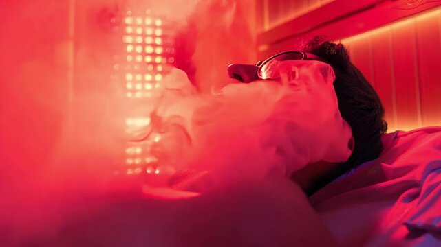 Relaxed man in red light therapy session enjoying calming steam