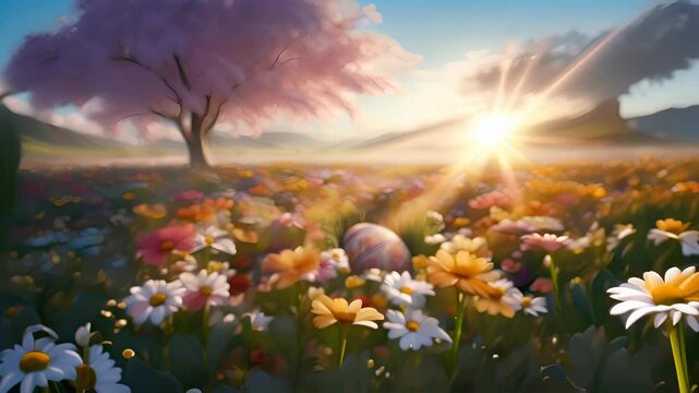 A vibrant meadow filled with colorful wildflowers and a single decorated Easter egg beneath a blooming cherry tree is illuminated by a golden sunrise. This idyllic scene celebrates spring and renewal.