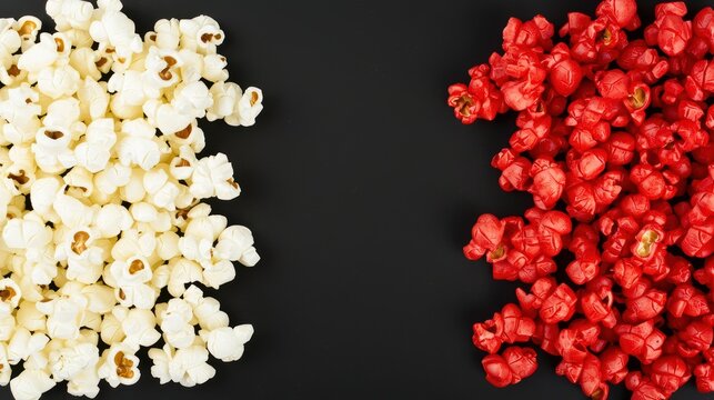 Fresh White and Red Popcorn Spread on Dark Background for Snacks
