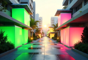 Fototapeta premium Vibrant Urban Pathway at Sunset