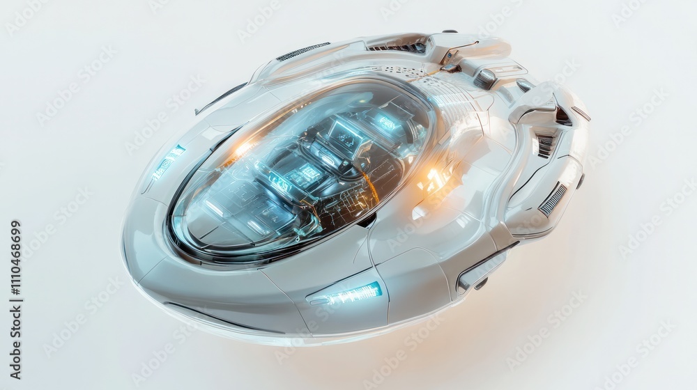 Poster science vehicle with a circular design, featuring a transparent top that reveals a sophisticated coc