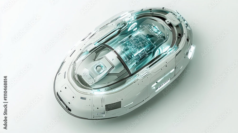Poster science vehicle with a circular design, featuring a transparent top that reveals a sophisticated coc