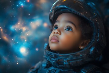 A cinematic movie still of an adorable baby girl wearing futuristic space gear, exploring the cosmos in outer space with galaxies and stars