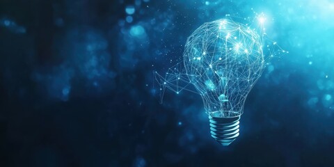 Abstract light bulb with glowing digital connections on a blue background, a symbol of ideas and innovation in the technology industry. 