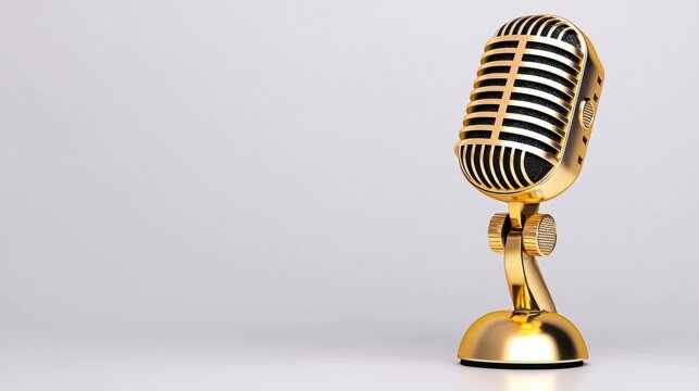 A photostock of a golden microphone with a retro design, isolated on a clean white background, ideal for music and broadcasting themes. High Quality
