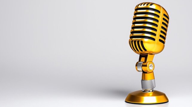 A photostock of a golden microphone with a retro design, isolated on a clean white background, ideal for music and broadcasting themes. High Quality