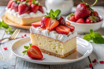 Delicious Strawberry Cake Slice with Whipped Cream on a White Plate – Perfect for Food Photography and Dessert Lovers