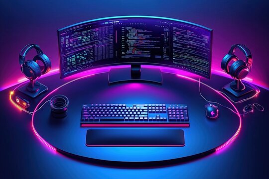 Modern gaming setup with neon lights and dual monitors glowing in a dim room.