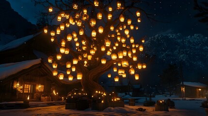 Obraz premium Illuminated tree with lanterns in snowy village at night.