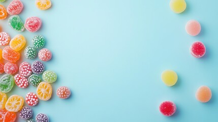 Colorful candies and sprinkles on a blue background, creating a border around the center space.