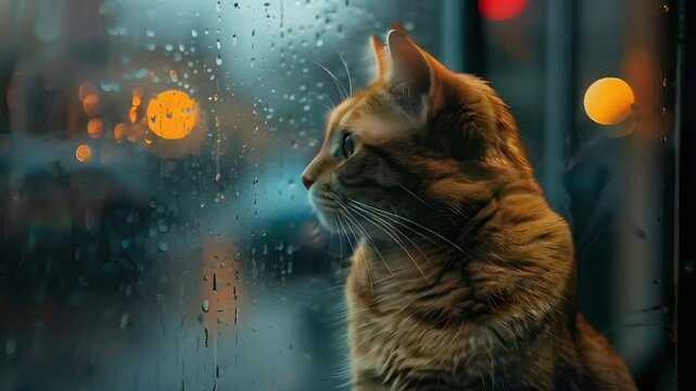 Video recreation of a cat looking the rain through a window	
