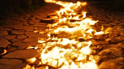 A tracking video with backlit lighting follows burning oil on cracked stone, creating molten gold streaks