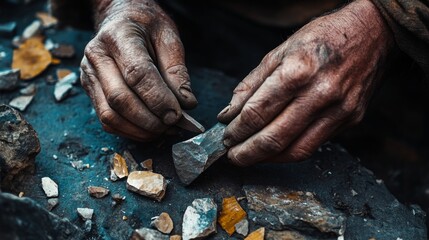 Hands skillfully crafting stone tools from raw materials. The artistry involves precision and patience. Discover the beauty in ancient techniques. Generative AI