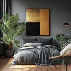 Modern Bedroom Interior Design with Gold and Black Abstract Artwork, Stylish Gray Bedding, and Lush Tropical Plants