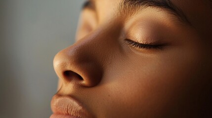 Close up of Woman s Face Eyes Closed Peaceful Expression Skin Texture Beauty Wellness