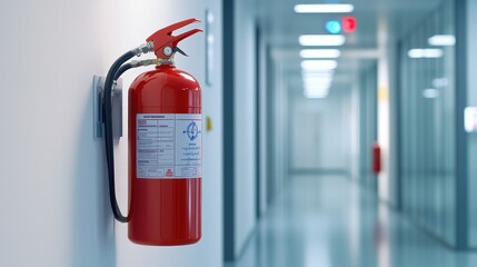 A bright red fire extinguisher mounted securely on a white wall in a commercial building. The fire extinguisher is clearly labeled with safety instructions