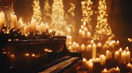 Festive Christmas background on piano , candles, and lights. The concept of music for the holiday season. 
