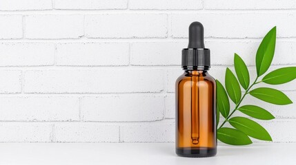 A photostock of a sleek glass dropper bottle with amber liquid, isolated on a clean white background, ideal for skincare or essential oils. High Quality
