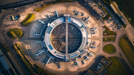 Fototapeta premium Aerial view of a modern airport with multiple planes parked in an organized manner. The circular design adds to the symmetry and beauty of the scene. Generative AI