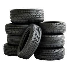 Pile of four new tires stacked isolated on white background