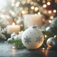 White Christmas Ornament - Decorated Christmas Bauble Background with Space for Copy - Christmas Ornament with Christmas Tree - Holiday Diffused Bokeh Wallpaper - Snow, Mistletoe and Presents