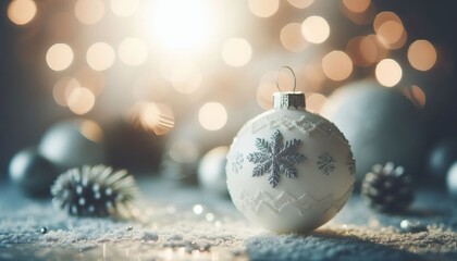 White Christmas Ornament - Decorated Christmas Bauble Background with Space for Copy - Christmas Ornament with Christmas Tree - Holiday Diffused Bokeh Wallpaper - Snow, Mistletoe and Presents