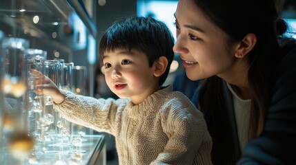A mother and child exploring a science museum, interacting with hands-on exhibits and marveling at displays. The child’s eyes light up as the mother explains something fascinating. The scene 