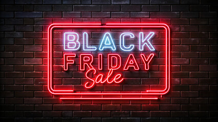 Fototapeta premium A vibrant neon sign announcing Black Friday sale shines brightly in front of a textured dark brick wall. The colorful lights attract attention and set a festive shopping atmosphere