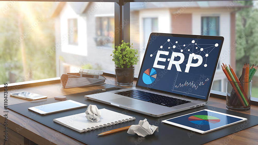 Poster erp software, erp dashboard, enterprise resource planning, modern workspace with erp software on lap