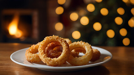 Crispy onion rings on a plate, warm cozy Christmas background.