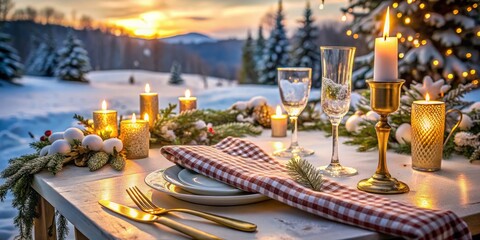 Fototapeta premium Elegant Christmas Outdoor Table Setting with Candles, Wine, and Golden Cutlery against a Blurred Snow Landscape - Perfect for Winter Weddings and Valentine's Day Dinner Arrangements