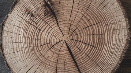 Naklejka premium Close-up of a White Oak tree cut surface showcasing detailed growth rings, natural wood texture, and intricate patterns, ideal for woodworking, design inspiration, or educational purposes. 