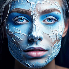 "Frozen Elegance"
A close-up of a pale-skinned woman with her face layered in frosty white paint, cracking to reveal ice-blue undertones beneath. The lighting is cool and sharp, enhancing the frozen a
