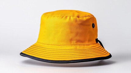 Fototapeta premium A photostock of a sunny yellow bucket hat, neatly placed on a clean white background, cheerful and trendy. High Quality