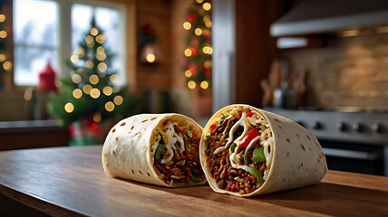Delicious burrito cut in half, showcasing its savory filling, sits on a wooden table in a cozy Christmas setting.