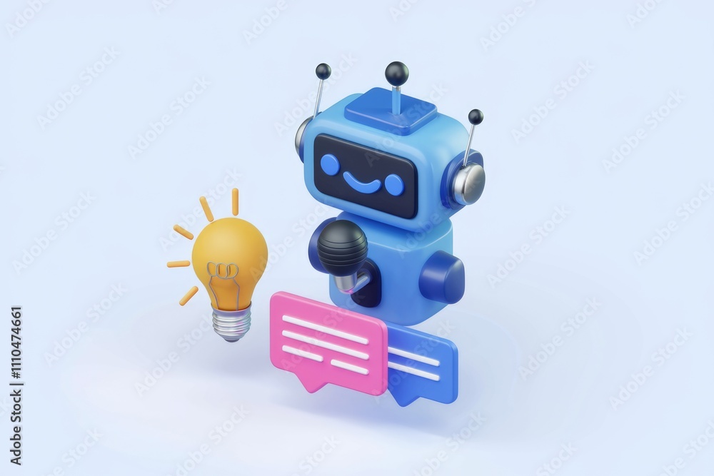 Poster Friendly robot uses chat bubbles to symbolize AI communication.