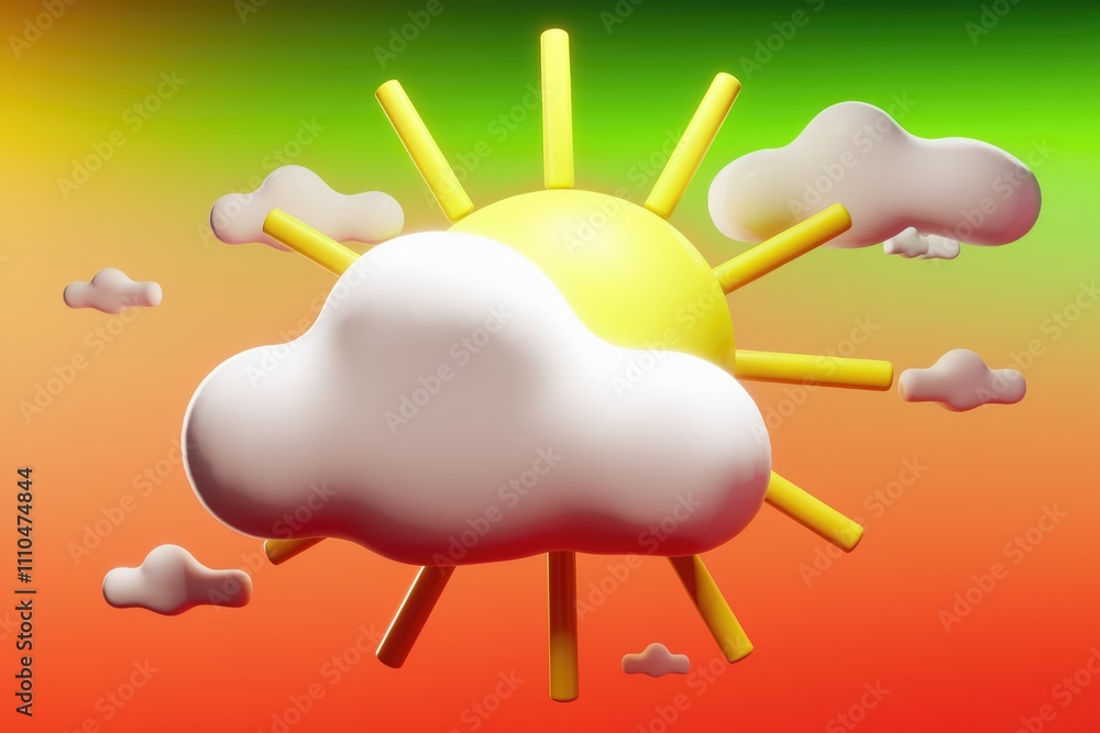 Aufkleber 3d rendering of sun behind fluffy cloud on sunny day