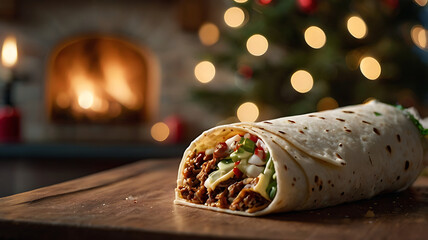 Delicious burrito on wooden board, fireplace and Christmas tree in background.