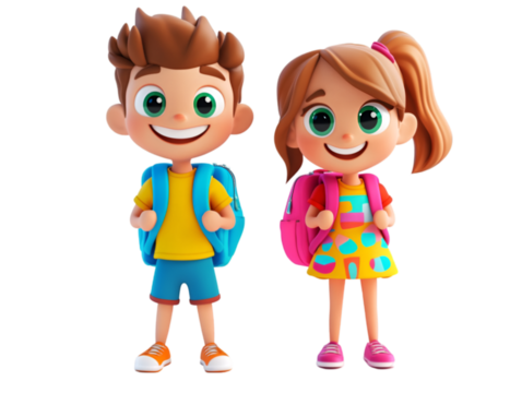 3D cartoon-style illustration of a happy boy and girl character,